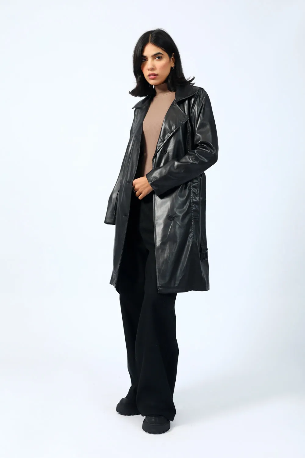 FAUX LEATHER TRENCH COAT