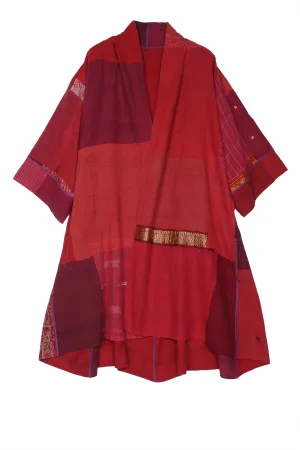 FRAYED PATCH WITH BROCADE KANTHA 3/4 SLV. A-LINE DUSTER - fb2324-red -