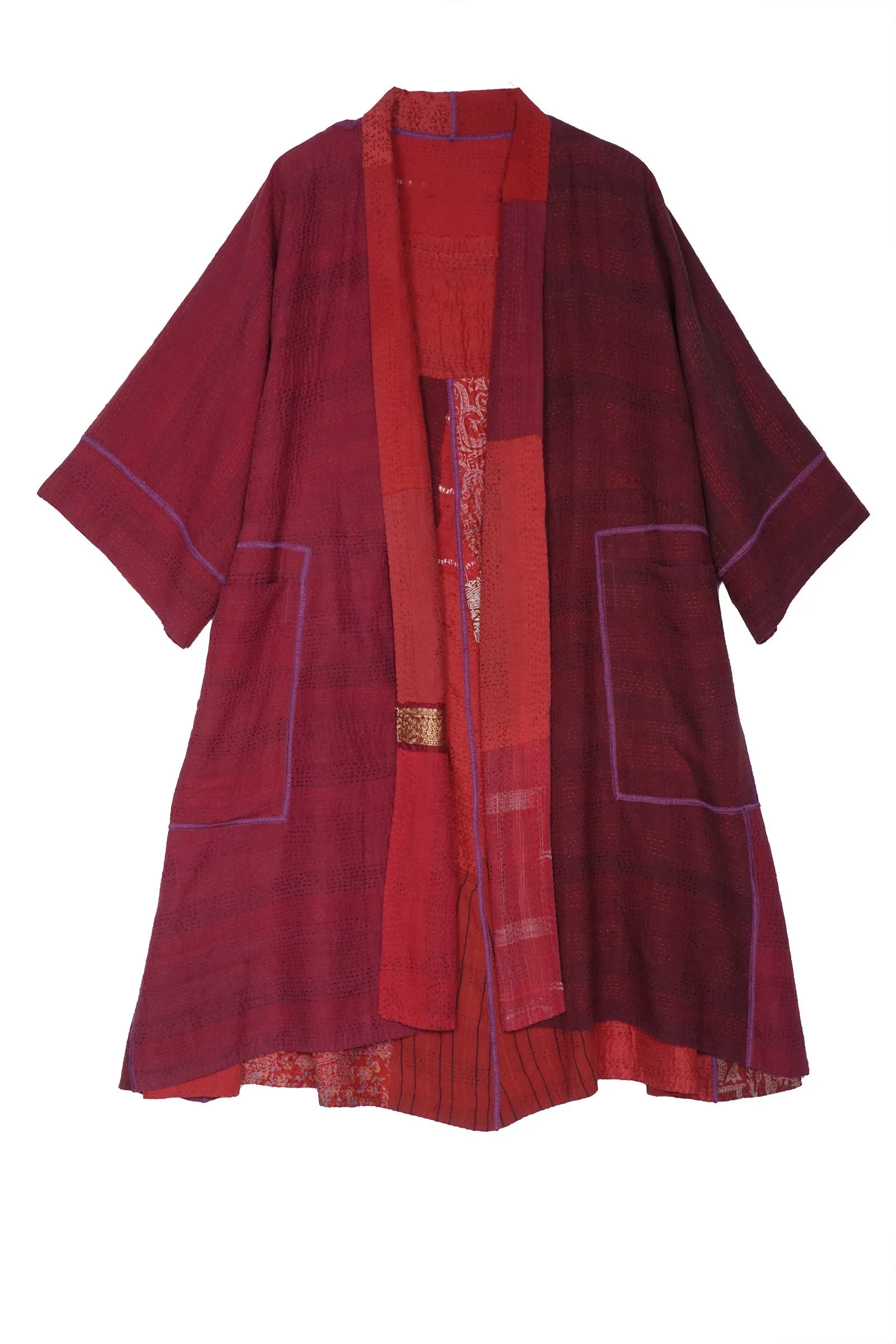 FRAYED PATCH WITH BROCADE KANTHA 3/4 SLV. A-LINE DUSTER - fb2324-red -