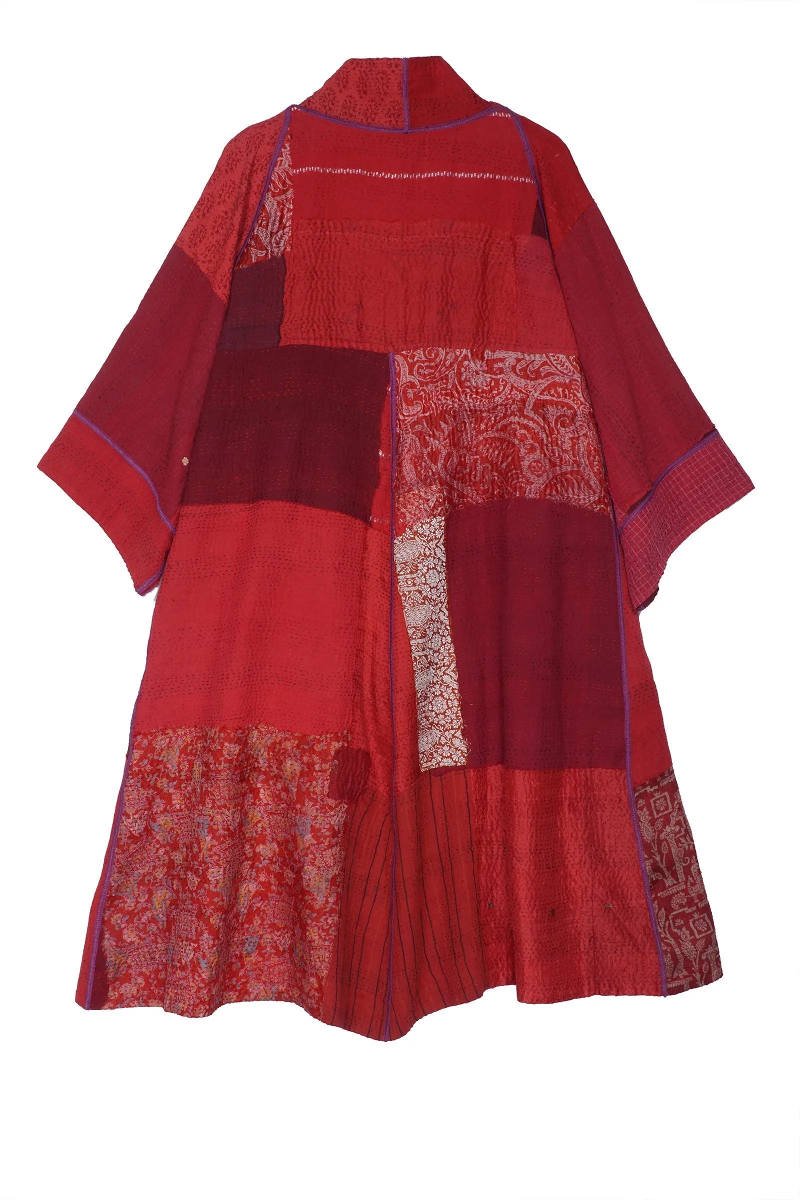 FRAYED PATCH WITH BROCADE KANTHA 3/4 SLV. A-LINE DUSTER - fb2324-red -