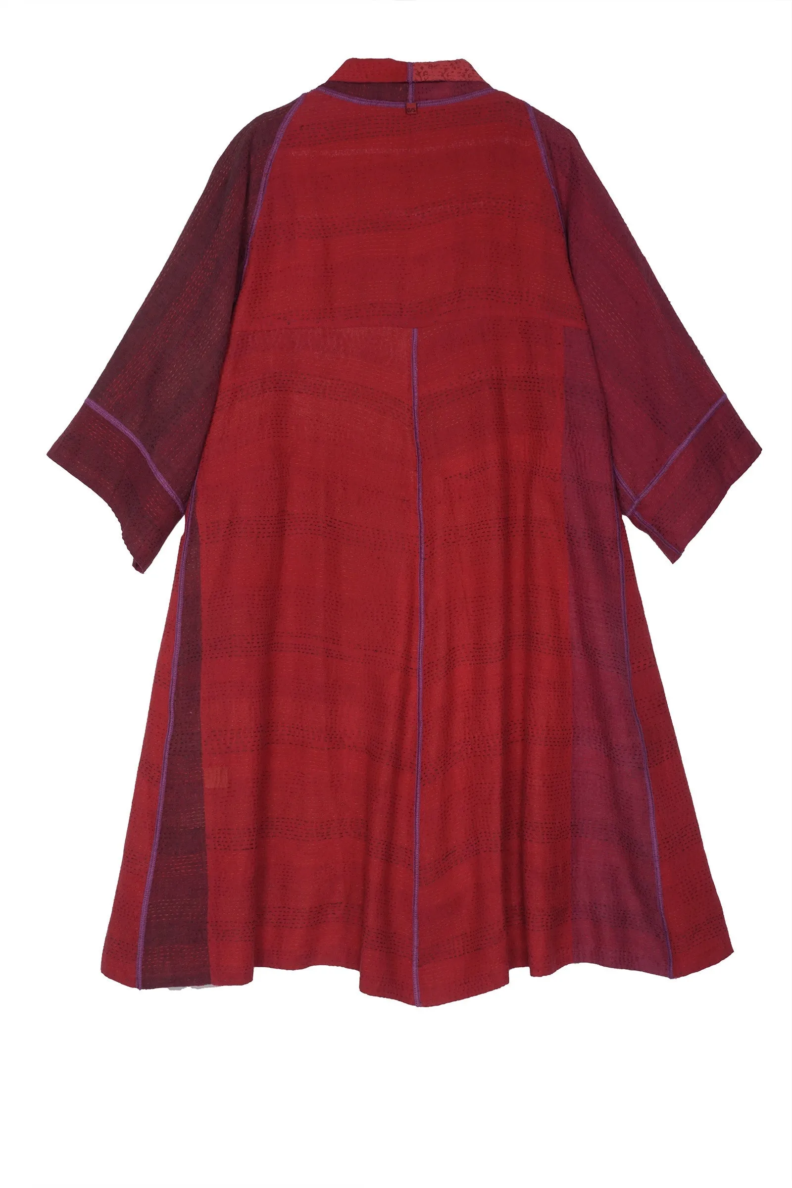 FRAYED PATCH WITH BROCADE KANTHA 3/4 SLV. A-LINE DUSTER - fb2324-red -