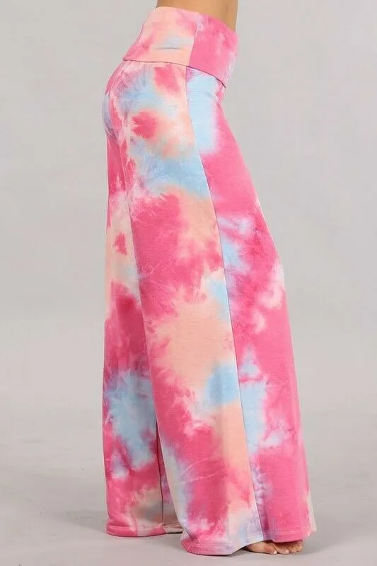 Fuchsia Pink Tie Dye Wide Leg Palazzo Relaxed Fit Foldover Waist Lounge Pants