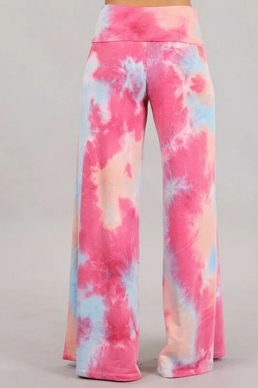 Fuchsia Pink Tie Dye Wide Leg Palazzo Relaxed Fit Foldover Waist Lounge Pants