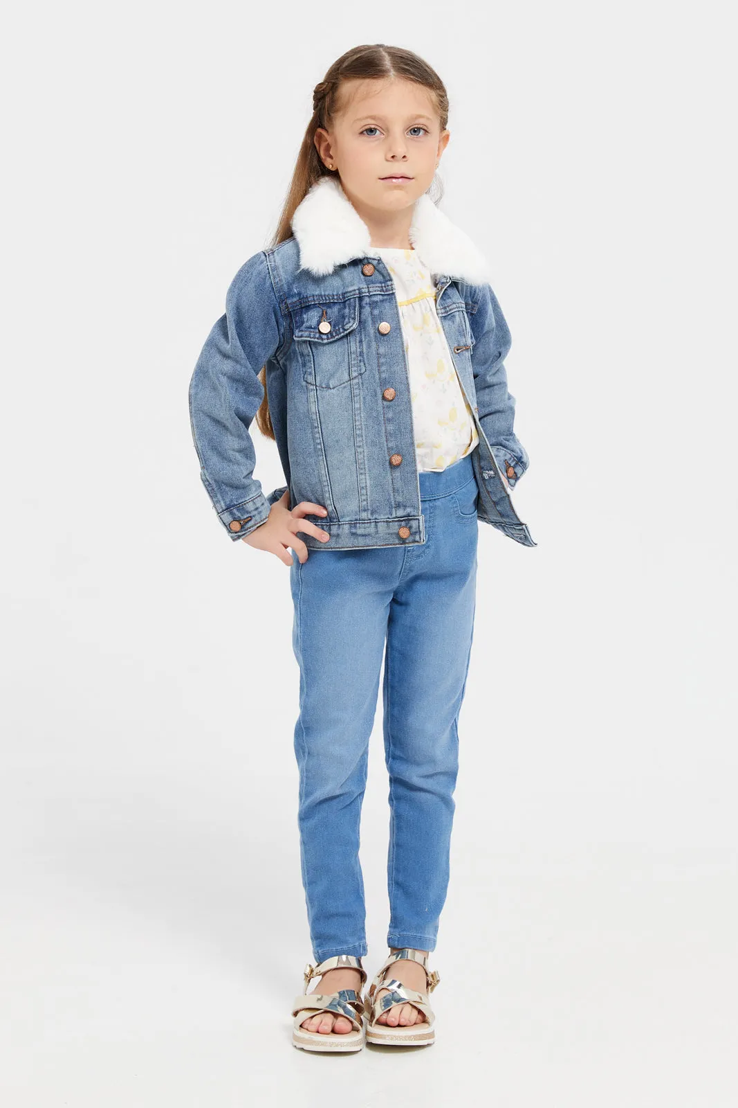 Girls Blue Denim Jacket With Fur Collar