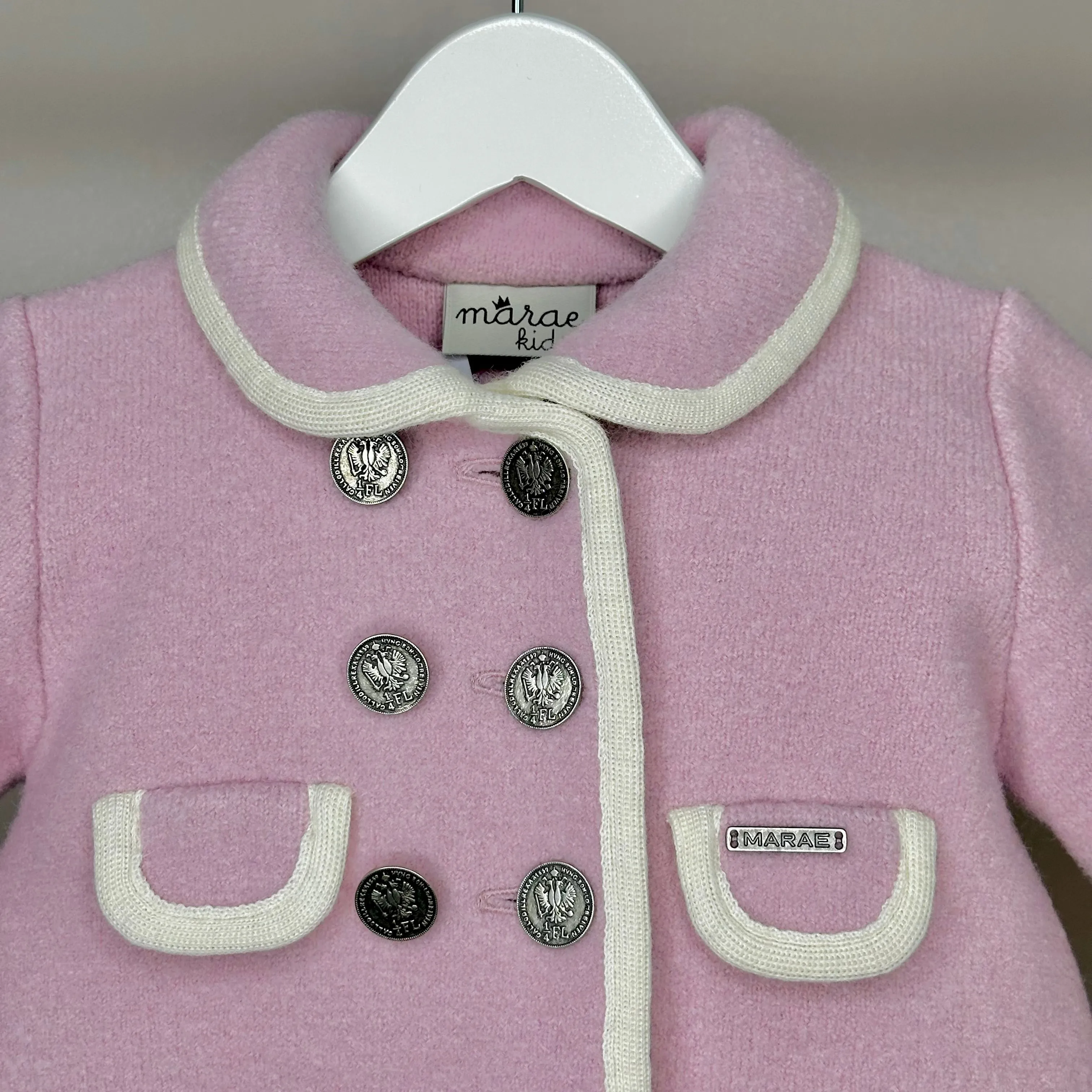 Girls Pink Marae Coat With Cream Trim