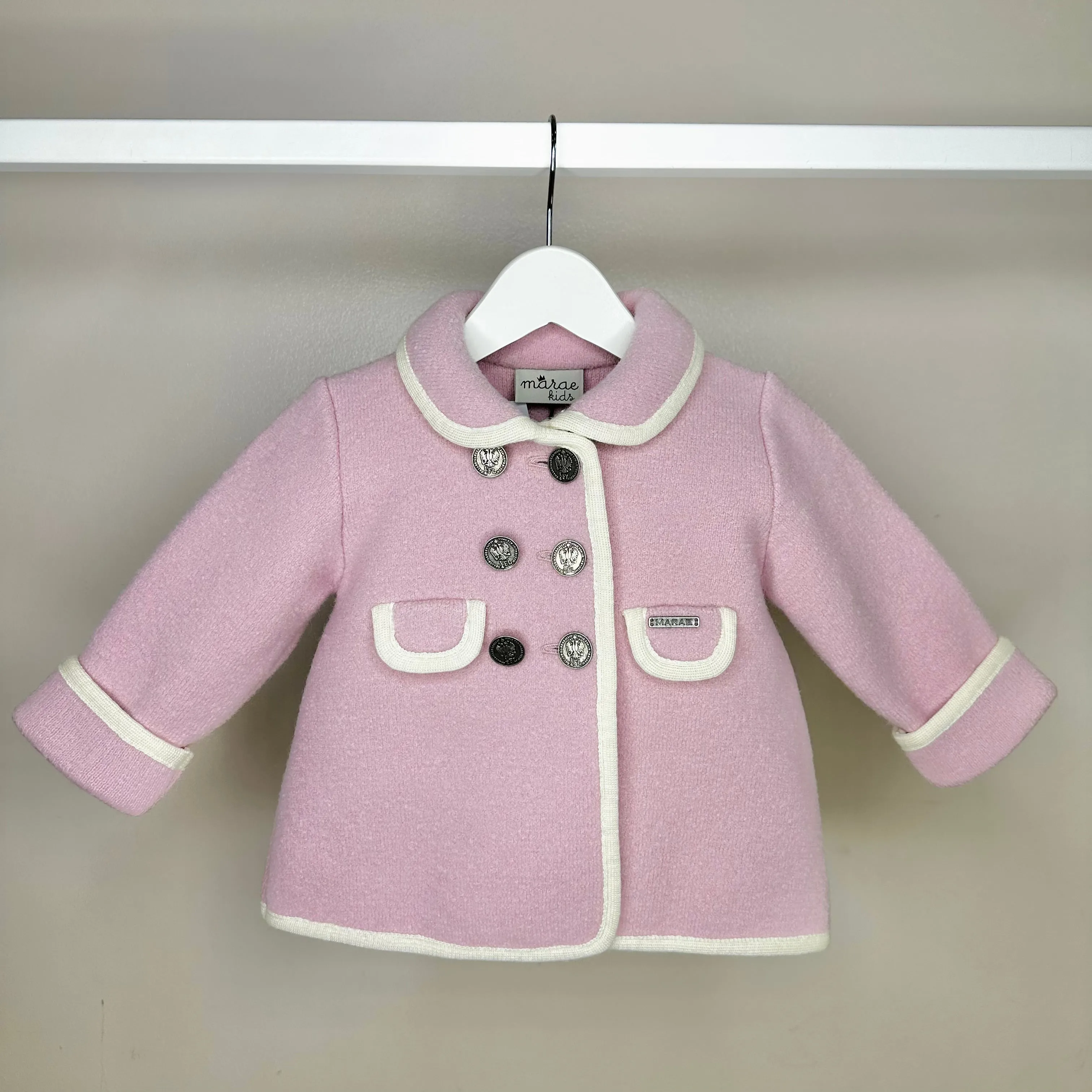 Girls Pink Marae Coat With Cream Trim