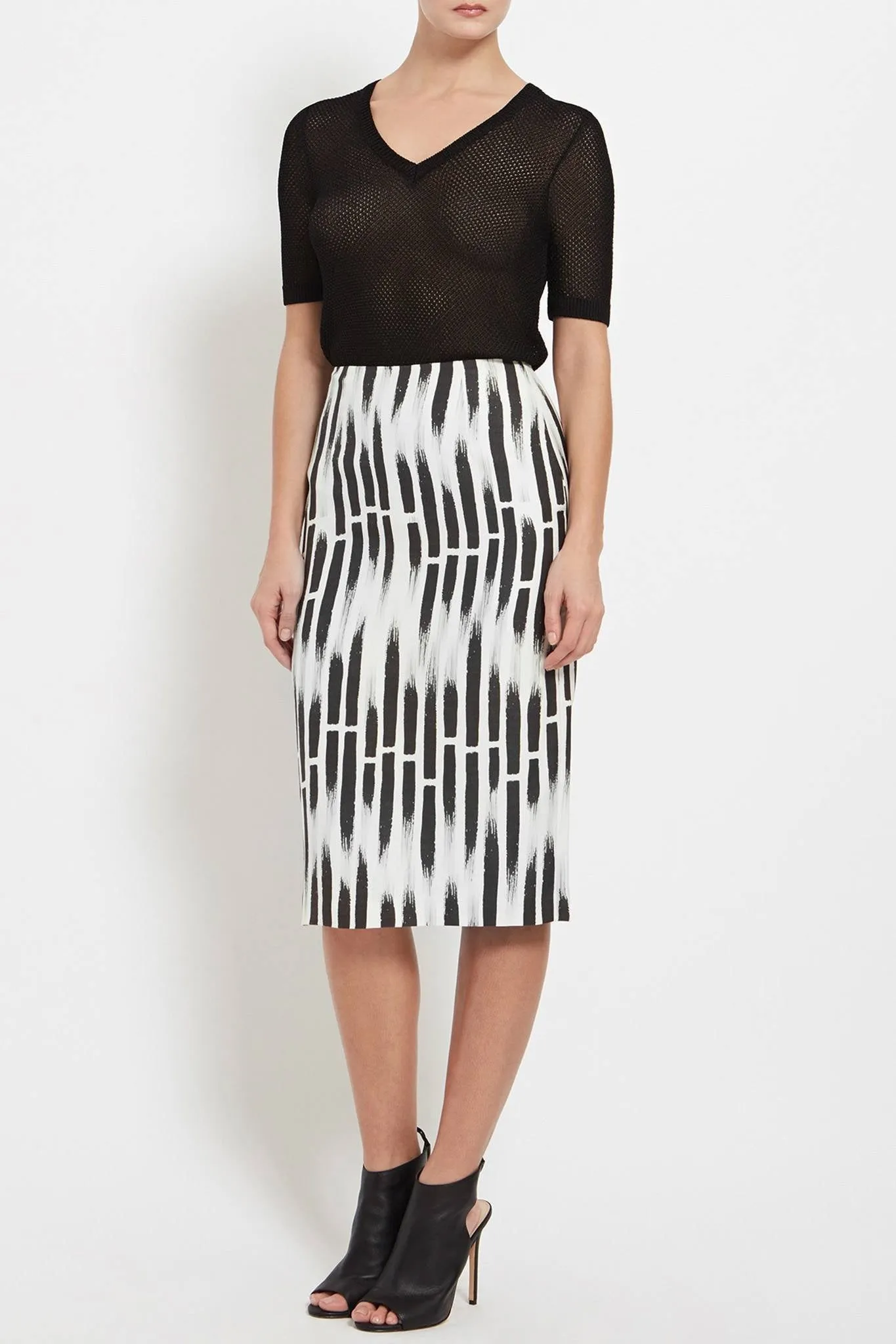 Harper Skirt: Printed Stripe Linen-Blend Pencil Skirt