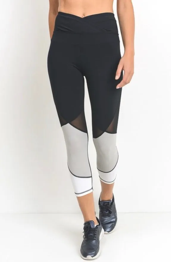 High Waist Capri Leggings Athletic Workout Color Block Mesh Pants S M L Black