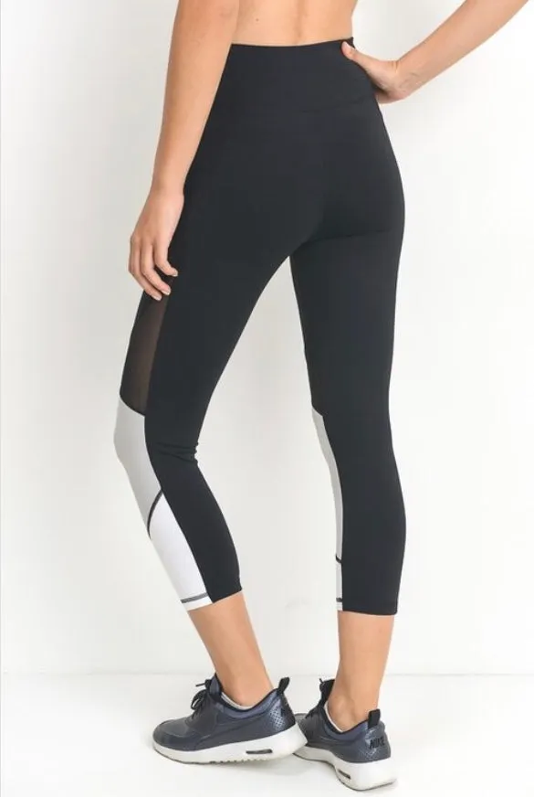 High Waist Capri Leggings Athletic Workout Color Block Mesh Pants S M L Black