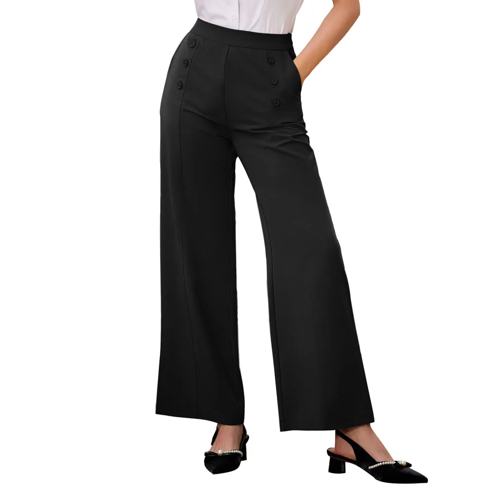 High Waist Pants Elastic Waist Buttons Decorated Trousers