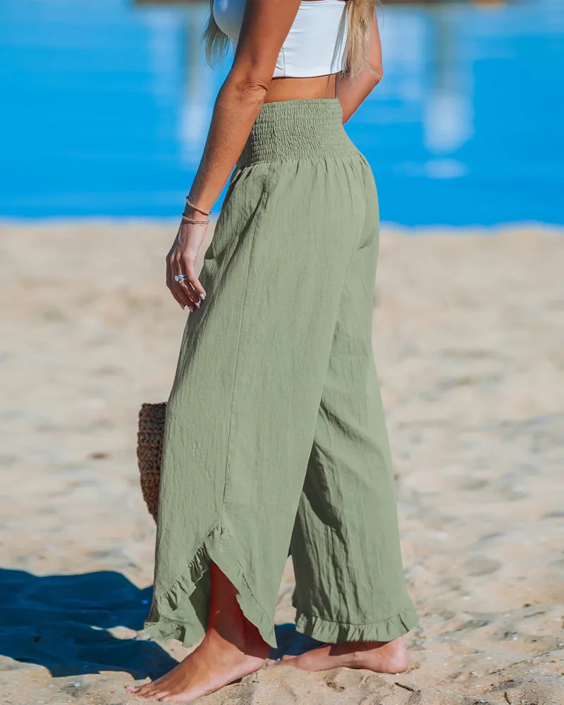 High-waist pleated irregular wide-leg pants