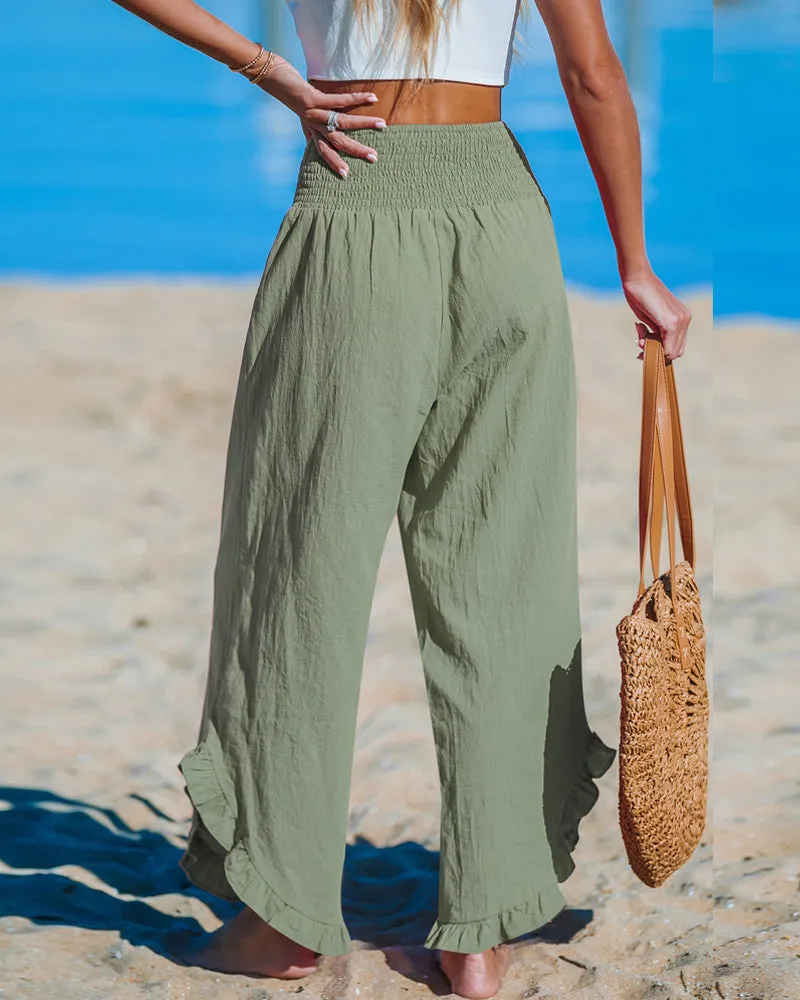 High-waist pleated irregular wide-leg pants