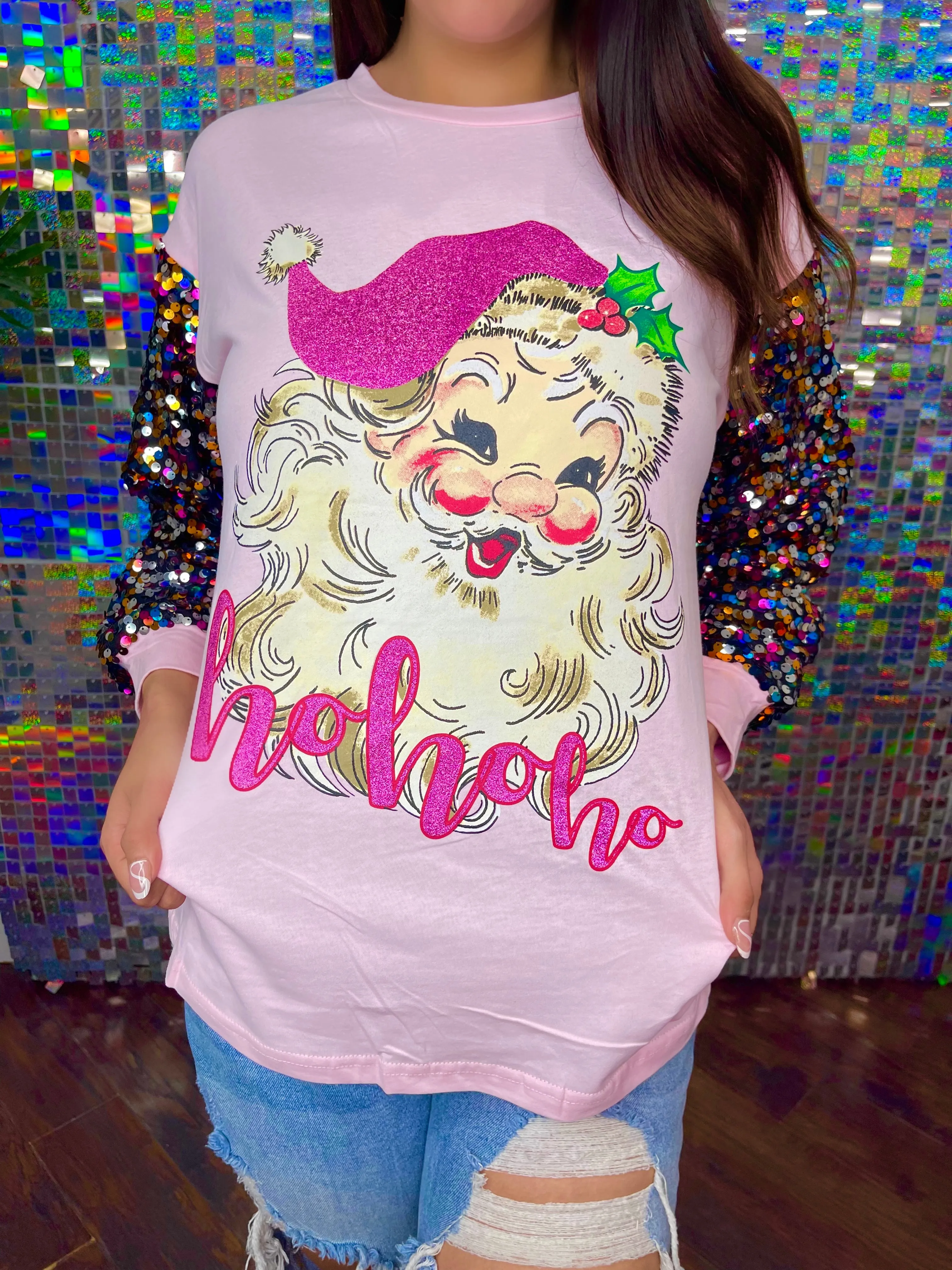 Ho Ho Ho Pink Sequin Sleeve Santa Claus