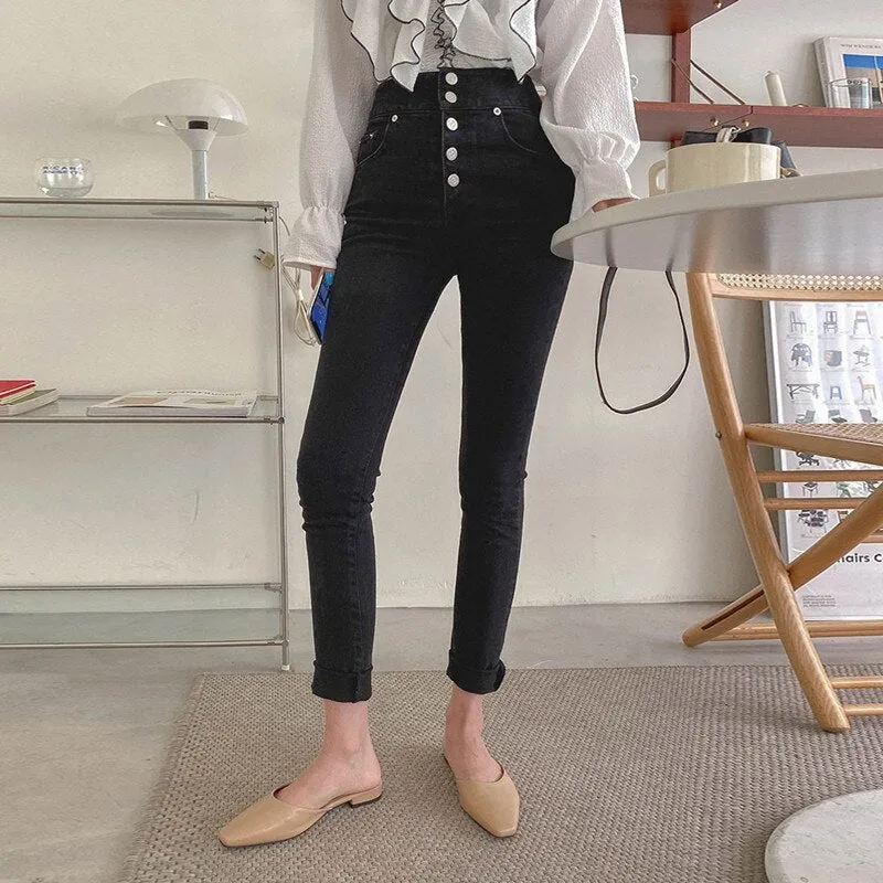 [Korean Style] Audre Button High Rise Skinny Jeans