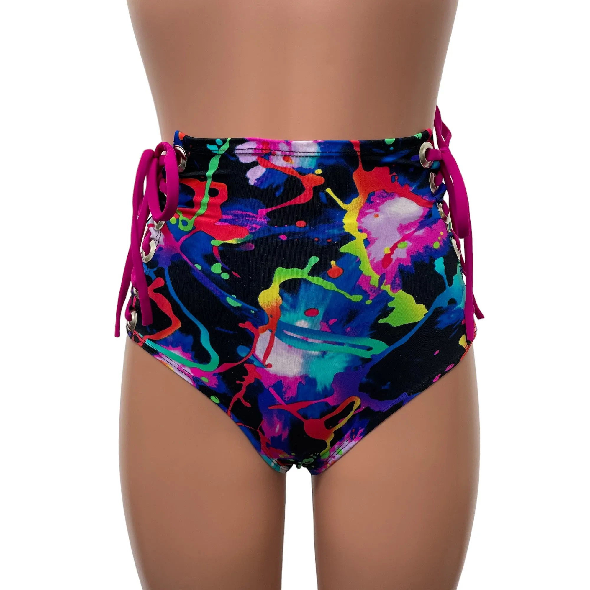 Lace-Up High Waist Scrunch Bikini - Neon Splatter