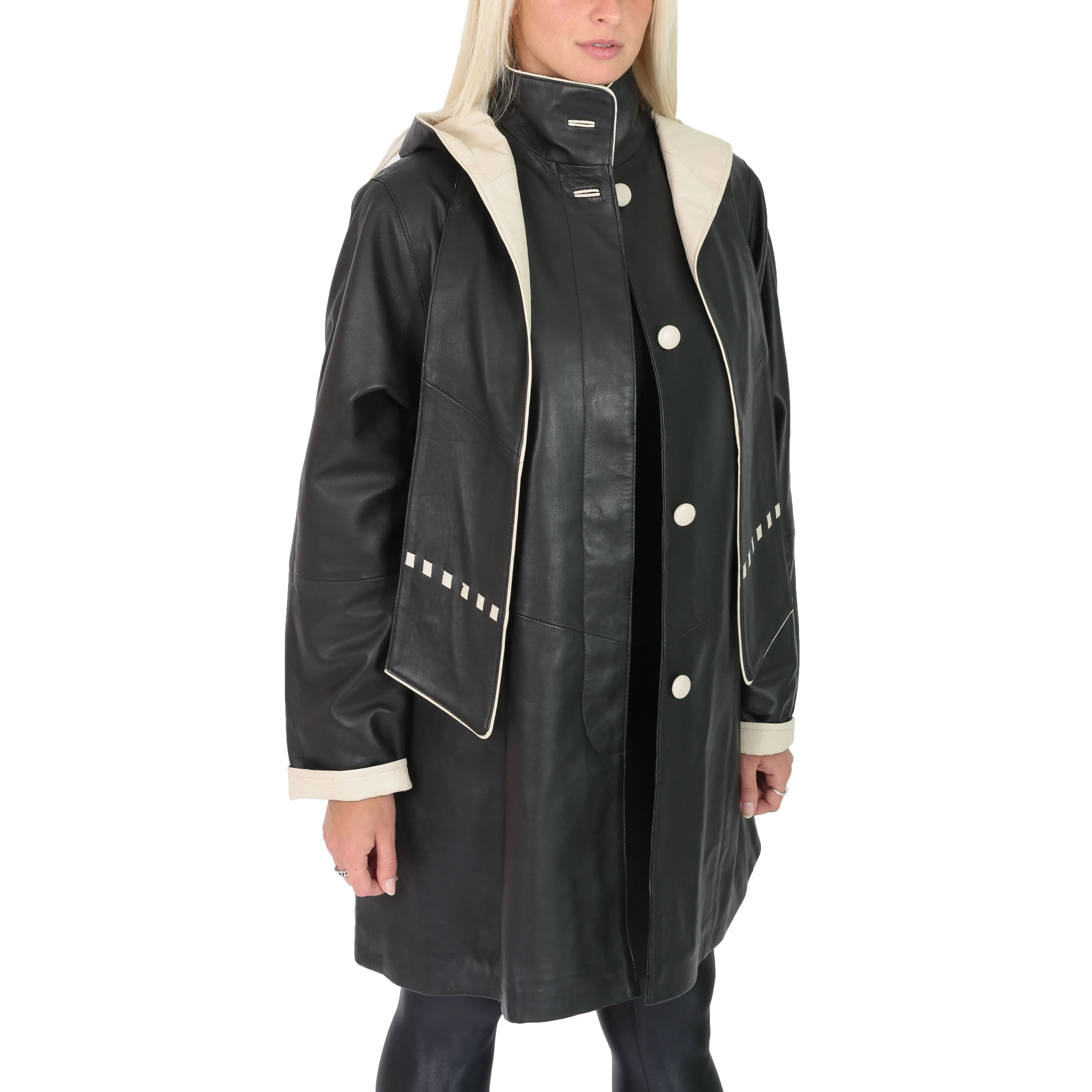 Ladies Parka Leather Coat Black Beige Trim Hooded with Scarf Dress Jacket Pat