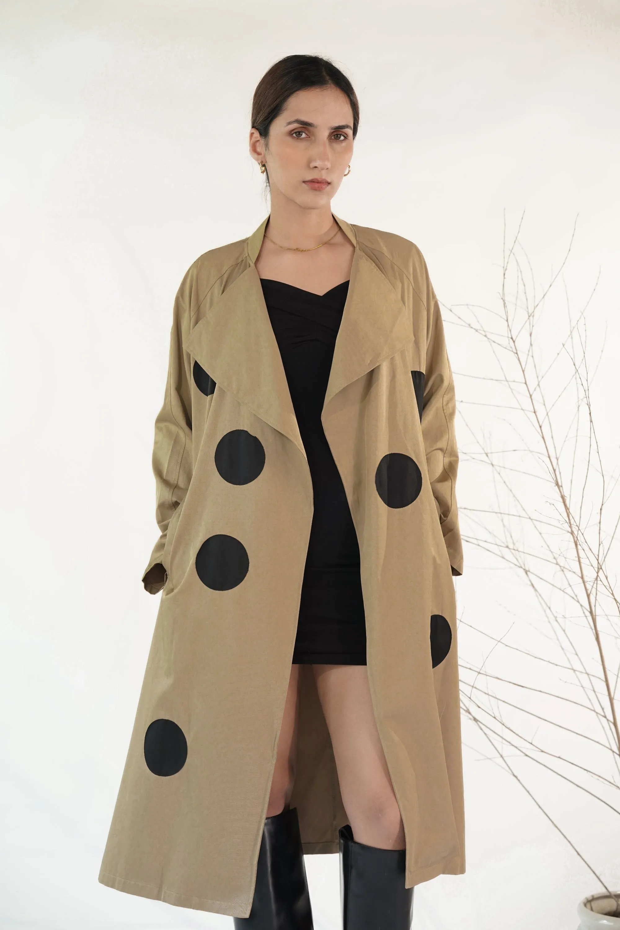 Light Brown Trench Coat With Patch Polka Dot