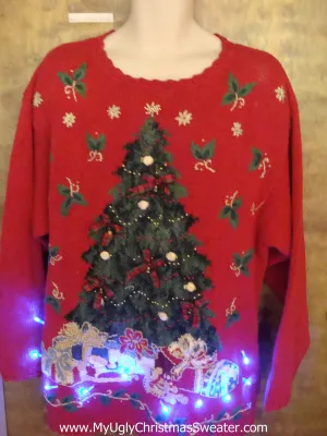 Light Up Corny Red Festive Tree Ugly Xmas Sweater