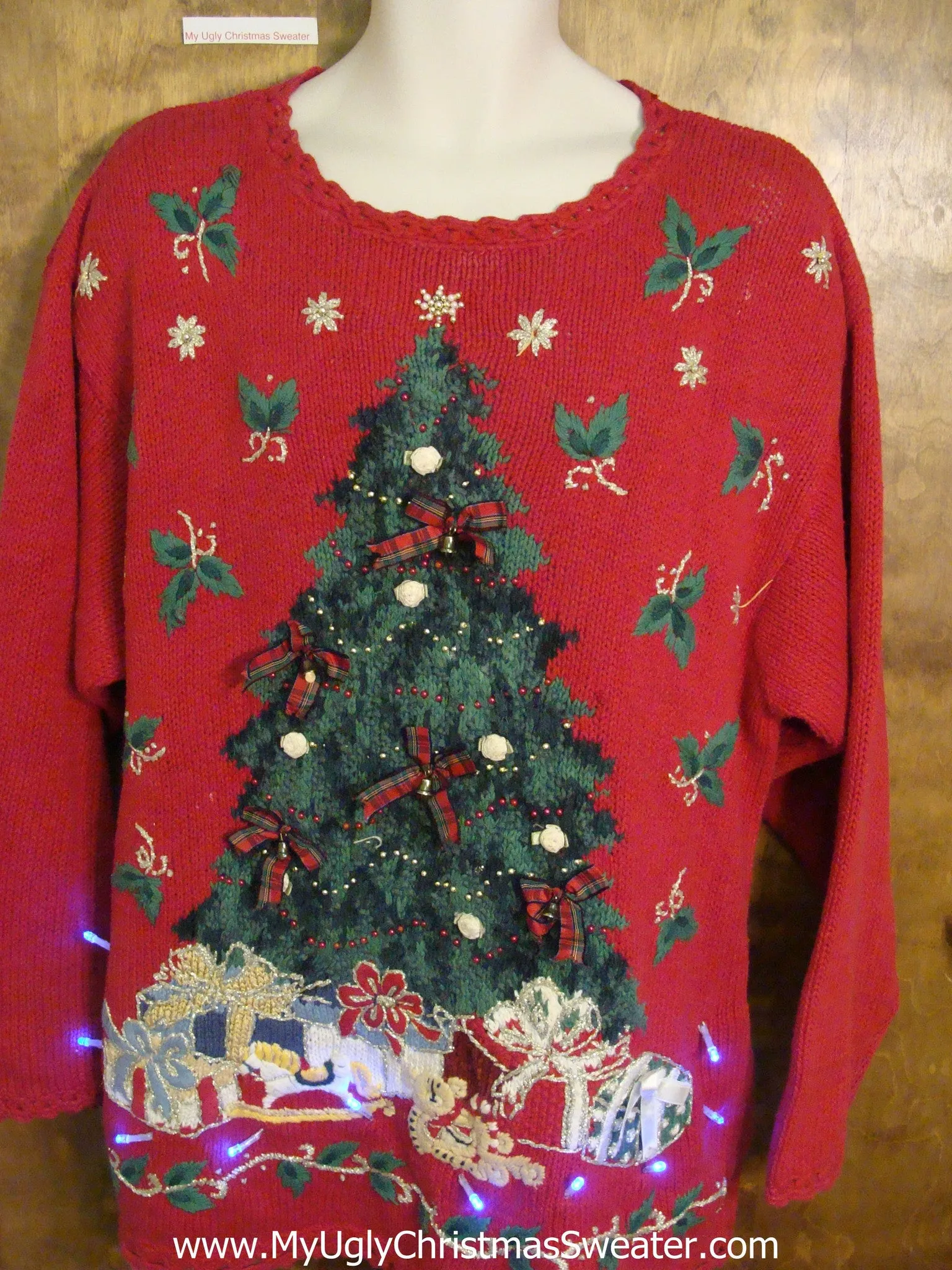 Light Up Corny Red Festive Tree Ugly Xmas Sweater