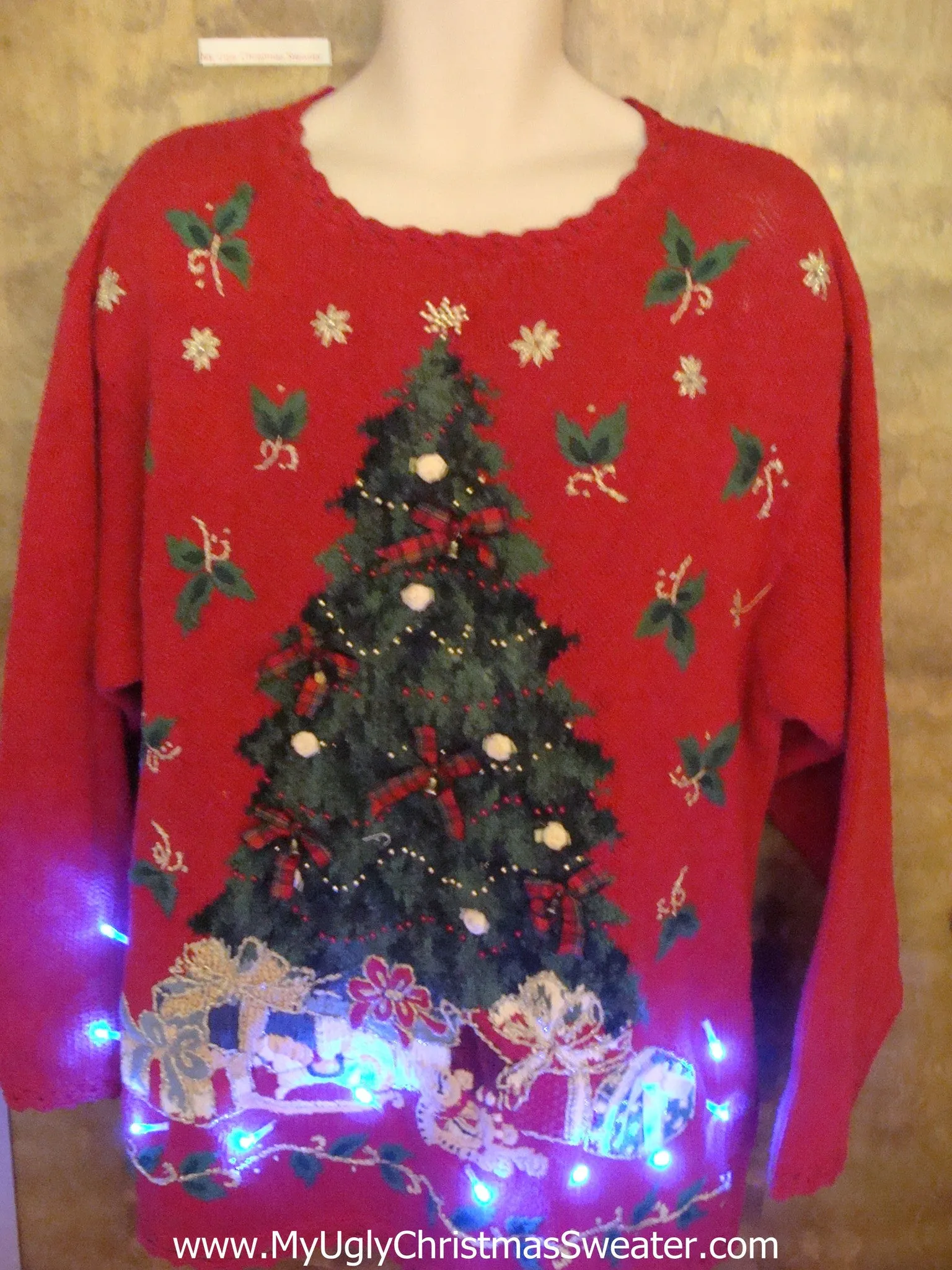 Light Up Corny Red Festive Tree Ugly Xmas Sweater