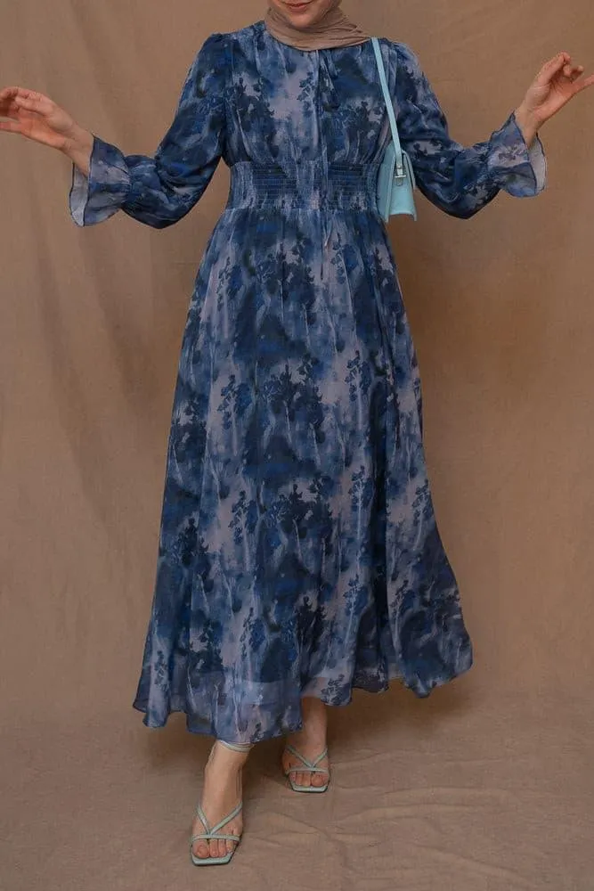 Lilymay maxi dress with shirred waist and ruched maxi sleeve in ocean blue