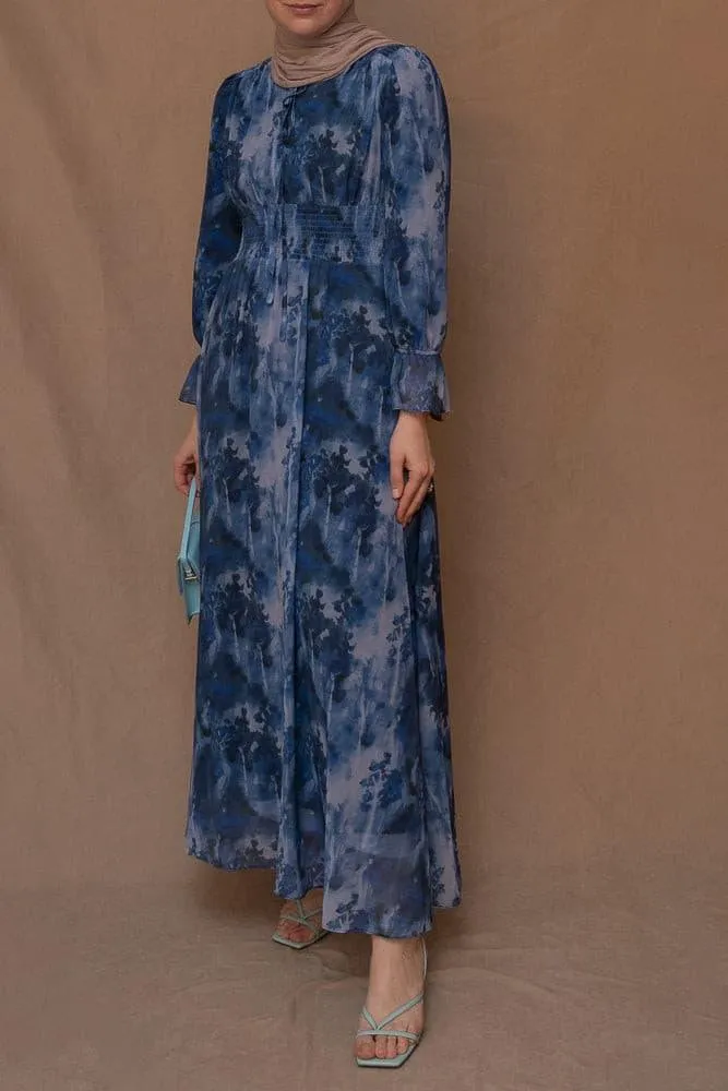 Lilymay maxi dress with shirred waist and ruched maxi sleeve in ocean blue