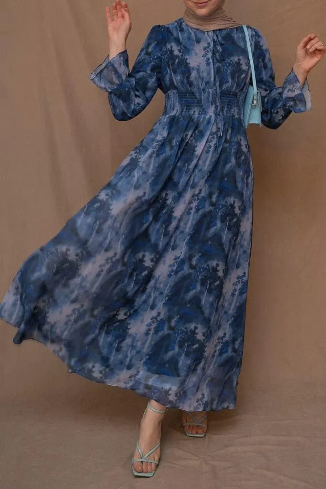 Lilymay maxi dress with shirred waist and ruched maxi sleeve in ocean blue