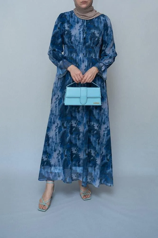 Lilymay maxi dress with shirred waist and ruched maxi sleeve in ocean blue