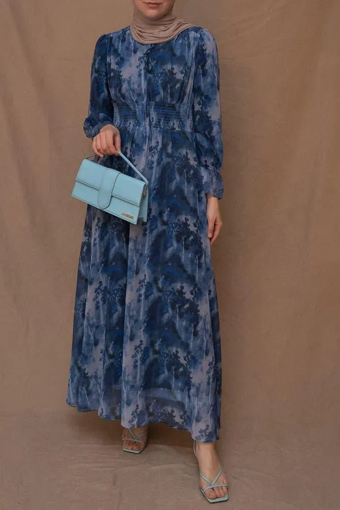 Lilymay maxi dress with shirred waist and ruched maxi sleeve in ocean blue