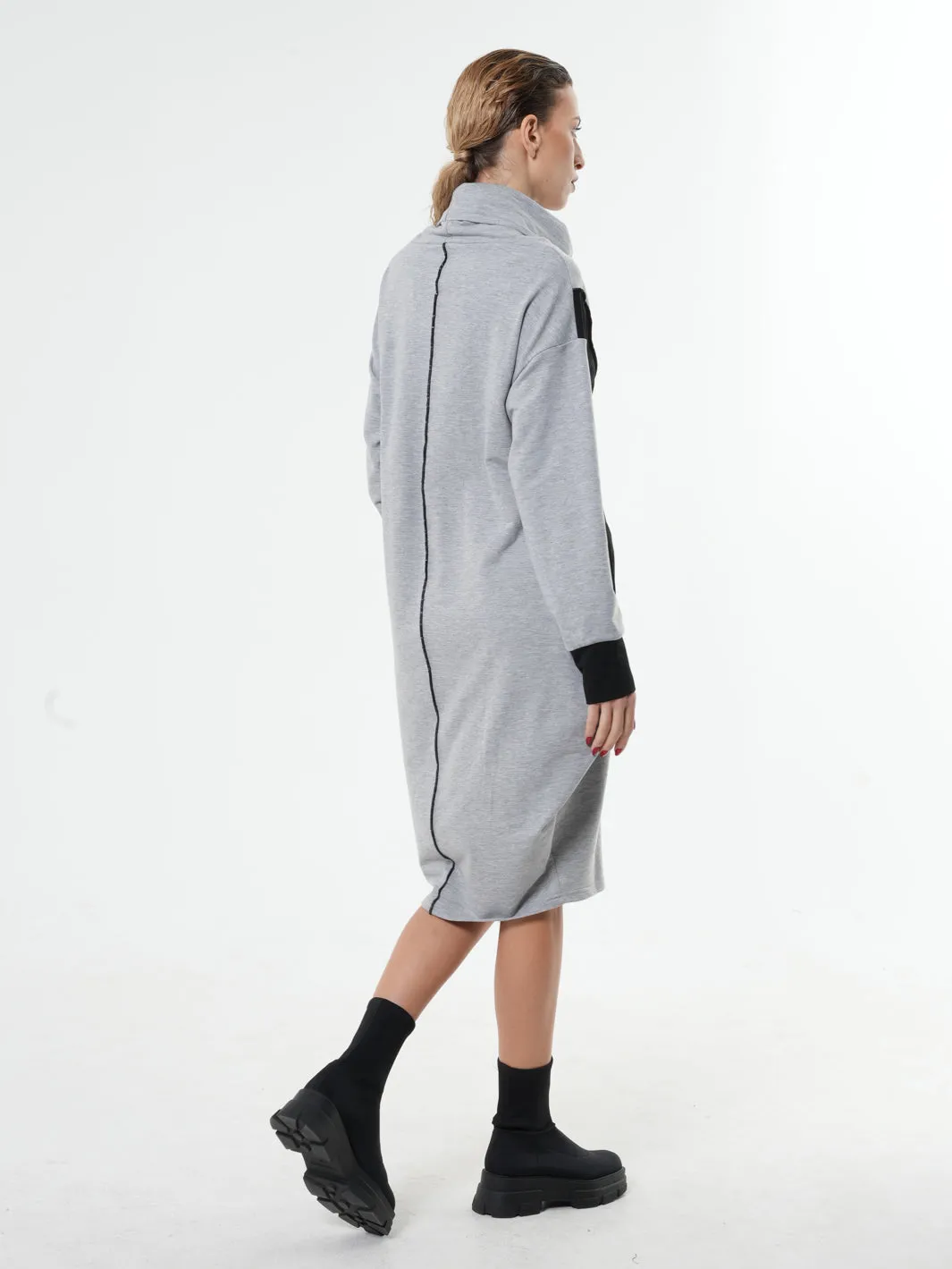 Long Sleeve Cotton Dress With Turtleneck In Gray