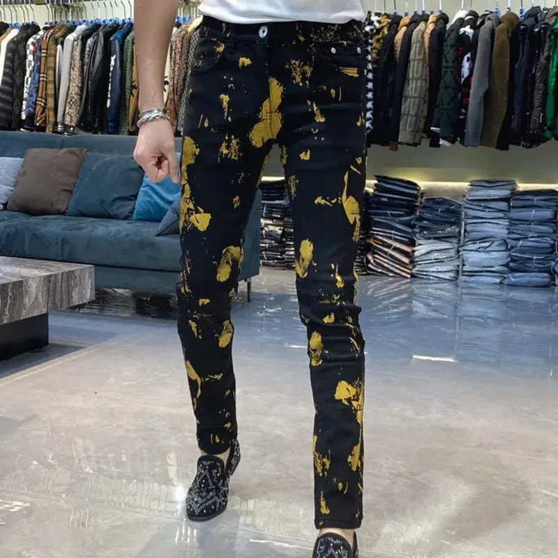 Luxury Black Gold Contrast Graffiti Jeans Slim Elastic Hip Hop Streetwear Denim