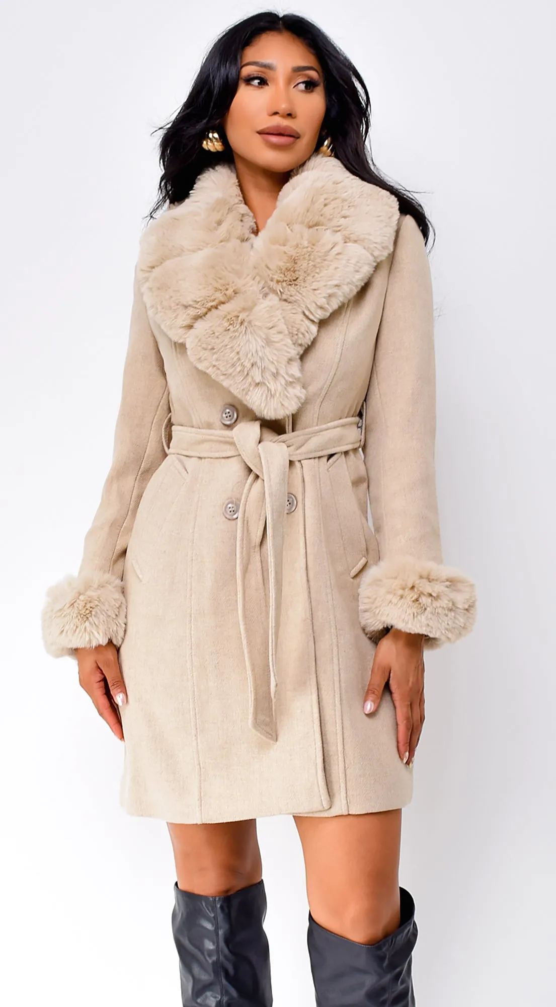 Maisie Belted Faux Fur Coat - Cream