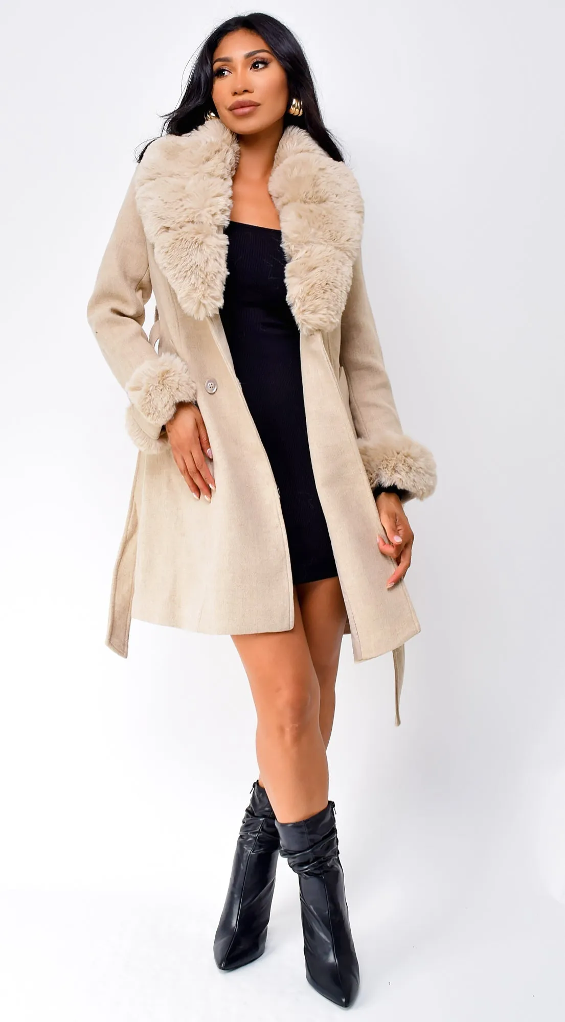 Maisie Belted Faux Fur Coat - Cream