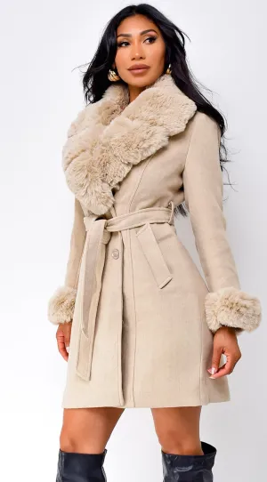 Maisie Belted Faux Fur Coat - Cream