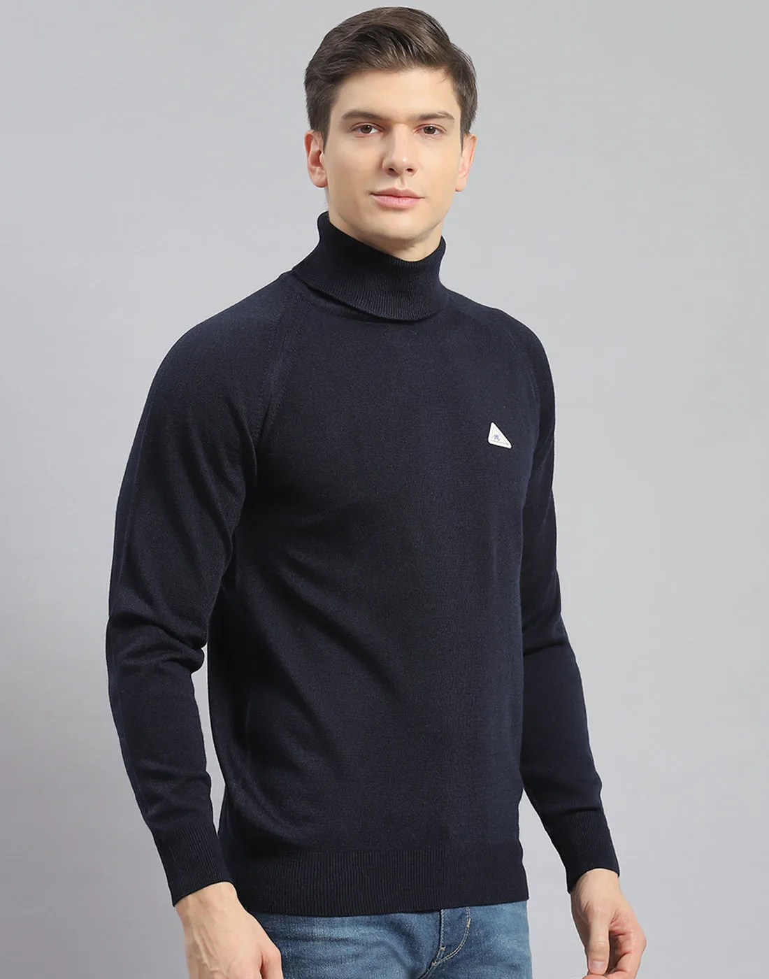 Men Navy Blue Solid H Neck Full Sleeve Pullover