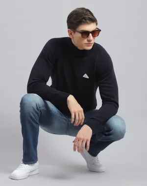 Men Navy Blue Solid H Neck Full Sleeve Pullover