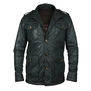 Men's Green Coat & Jacket with Contrasting Waxy Cotton and Leather Trims,