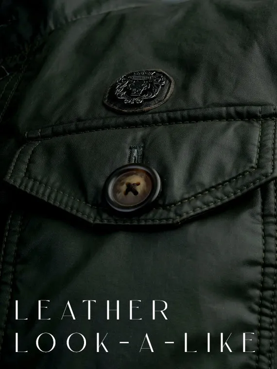 Men's Green Coat & Jacket with Contrasting Waxy Cotton and Leather Trims,