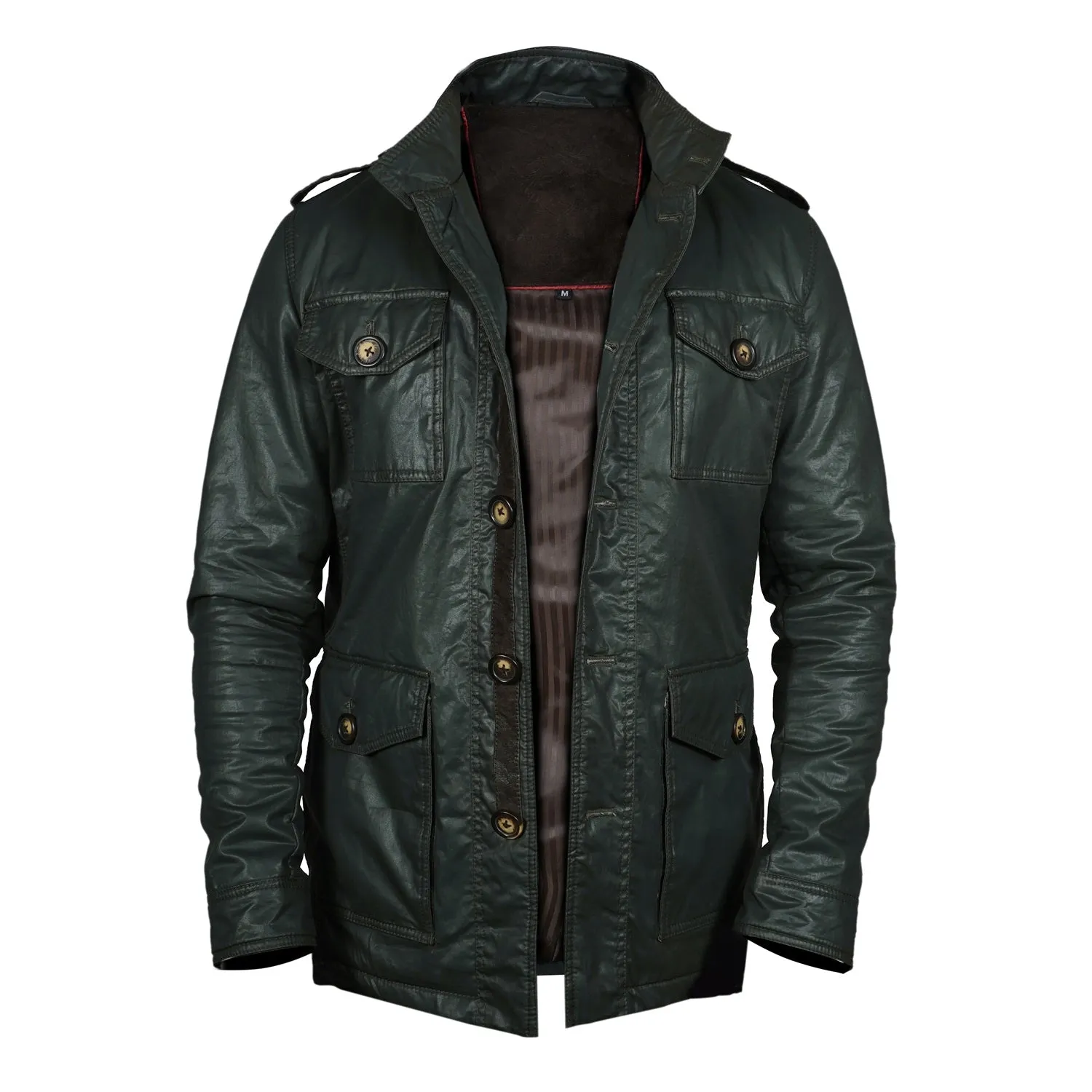 Men's Green Coat & Jacket with Contrasting Waxy Cotton and Leather Trims,