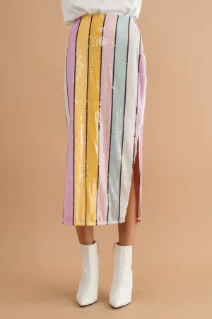 Multi Stripe Sequin Side Slit Midi Pencil Skirt