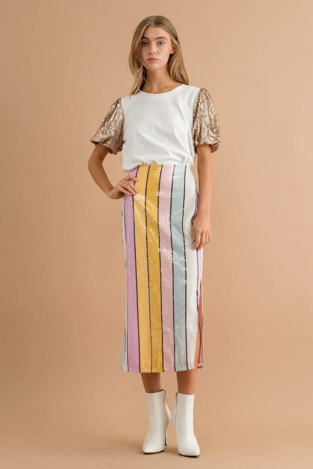 Multi Stripe Sequin Side Slit Midi Pencil Skirt