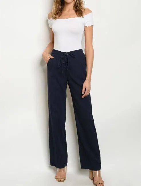 Navy Cotton Pants High fitted