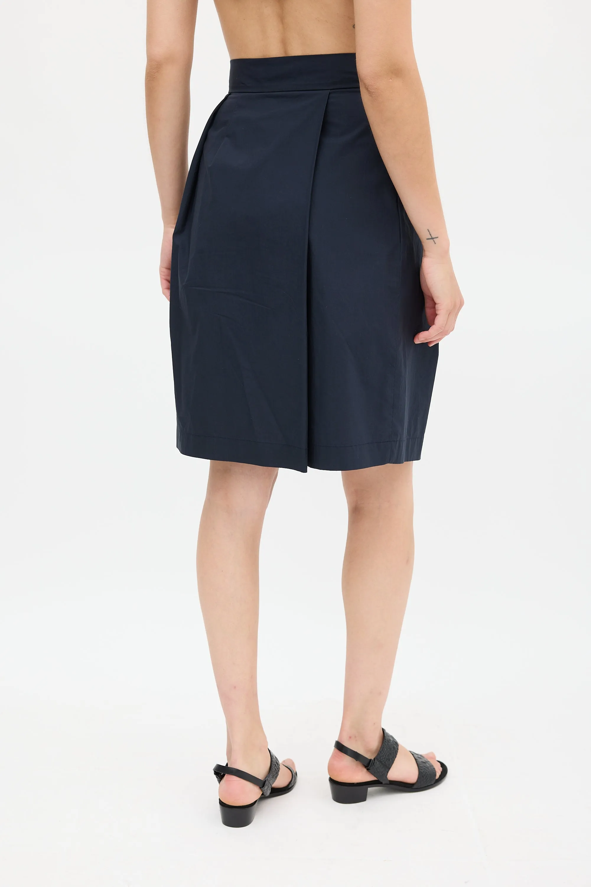 Navy Cotton Pleated Pencil Skirt