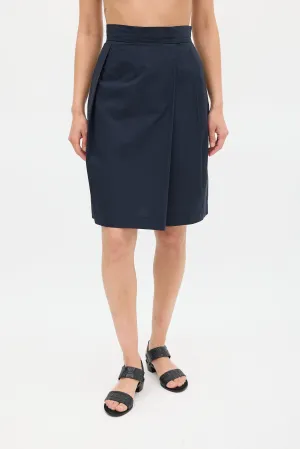 Navy Cotton Pleated Pencil Skirt