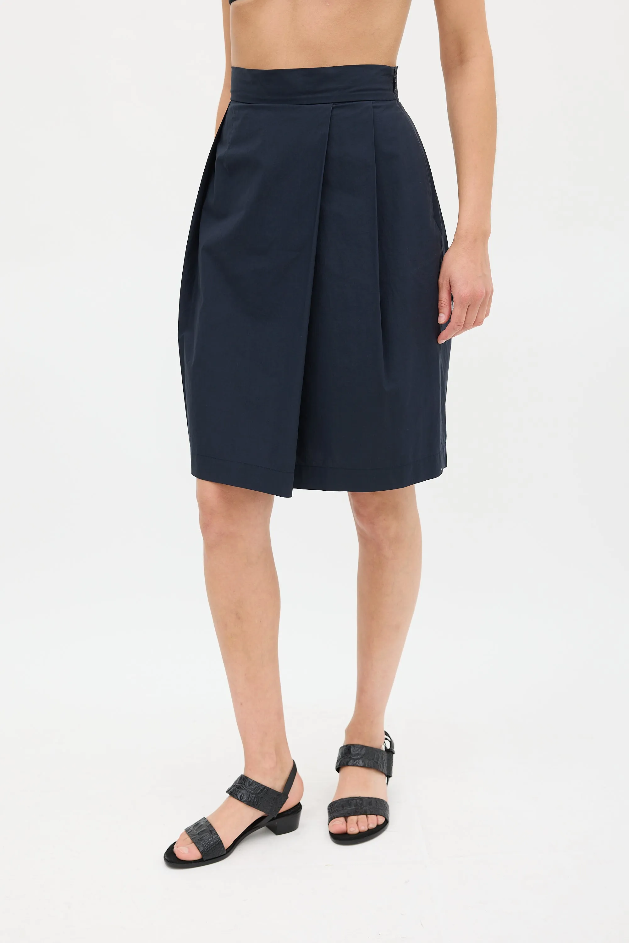 Navy Cotton Pleated Pencil Skirt