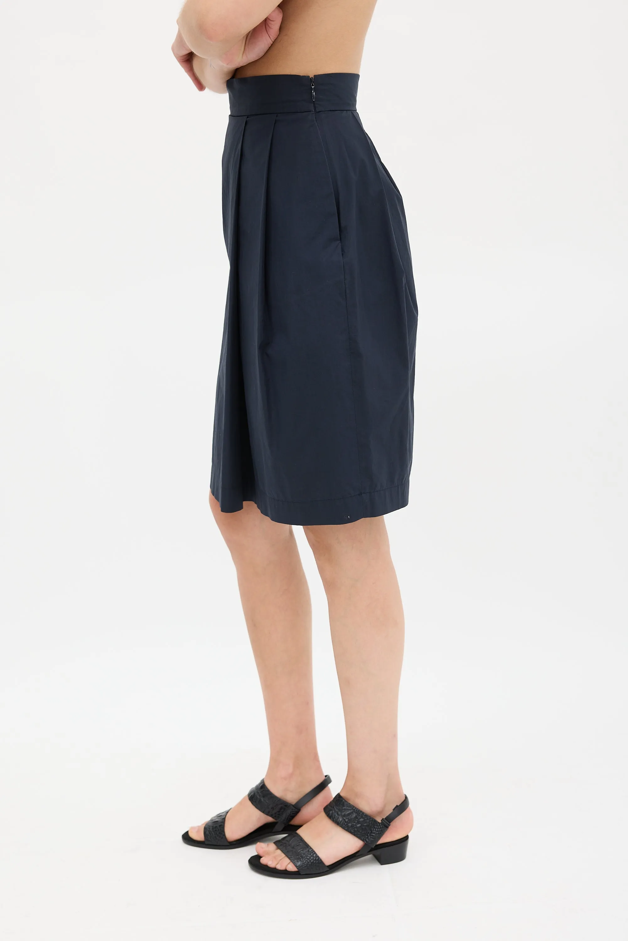 Navy Cotton Pleated Pencil Skirt