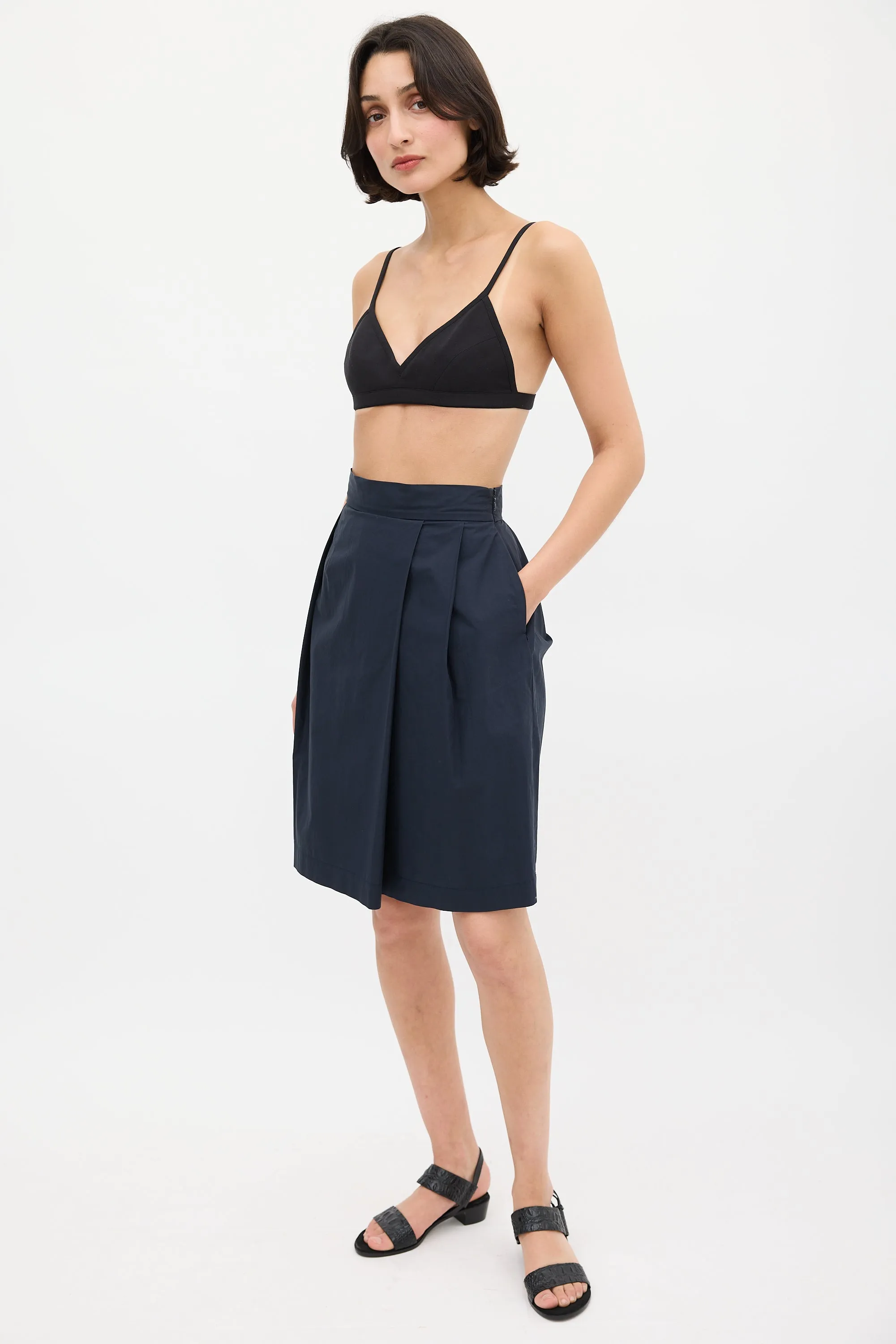 Navy Cotton Pleated Pencil Skirt