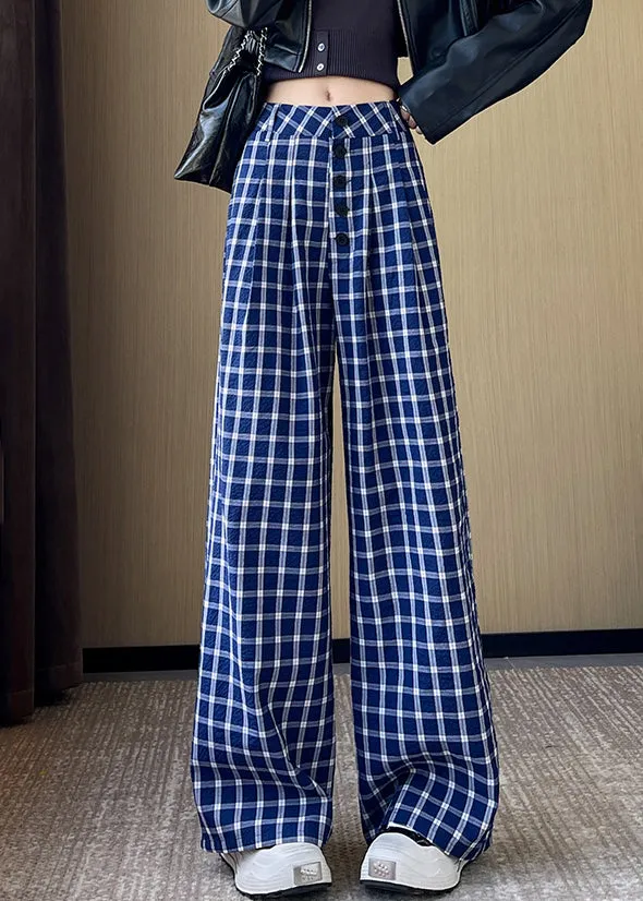 New Blue Plaid High Waist Cotton Wide Leg Pants Fall AB1028