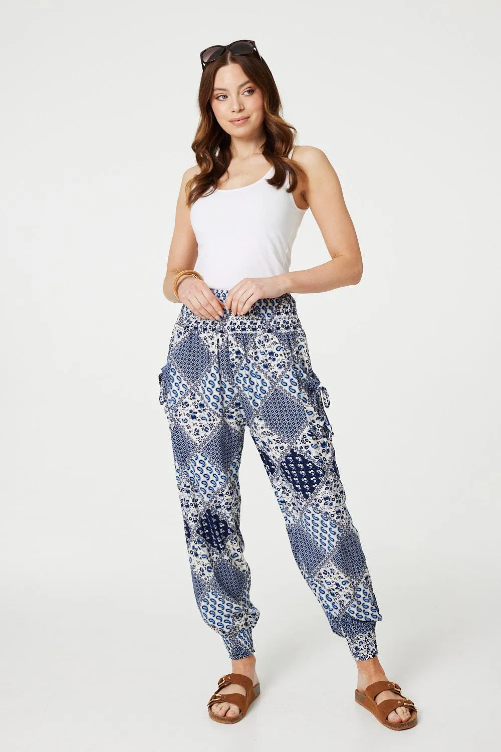 Patchwork Print High Waist Harem Pants