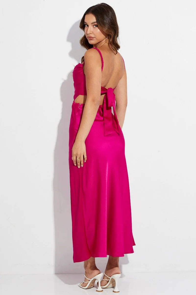 Pink Slip Dress Sleeveless Tie Back Satin Midi